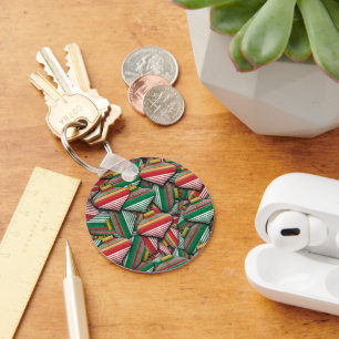 Retro Red Green Striped Ornament Pattern Design Key Ring