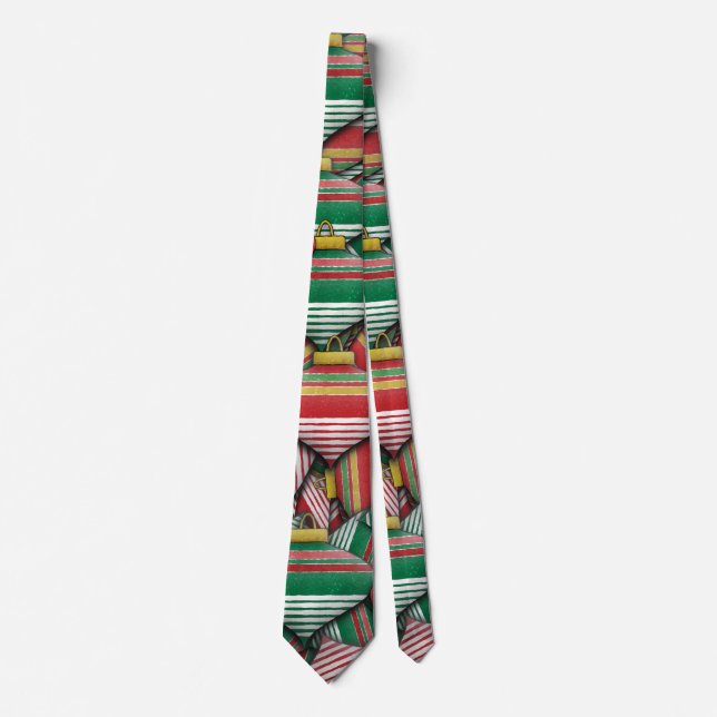 Retro Red Green Striped Ornament Pattern Design Tie (Front)