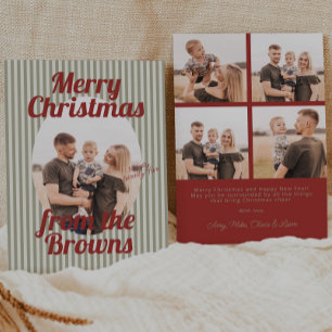 Retro Red Green Stripes Boho Oval Photo Christmas Holiday Card