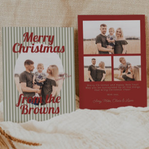 Retro Red Green Stripes Boho Oval Photo Christmas Holiday Card