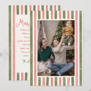 Retro Red Green Stripes Frame Photo Christmas Holiday Card