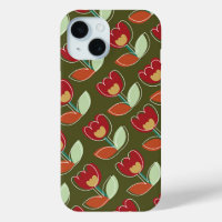 Retro Red Green Tulips Flowers Bloom Cute Pattern