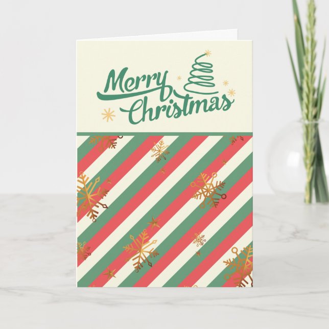 Retro Red Green Vertical Stripes Gold Snowflakes Holiday Card (Front)