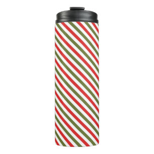Retro Red Green White Christmas Stripe Pattern Thermal Tumbler