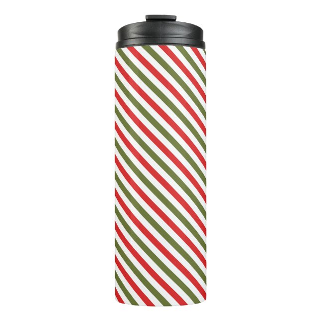 Retro Red Green White Christmas Stripe Pattern Thermal Tumbler (Front)