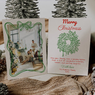Retro Red Hand Drawn Bow Wreath Photo Christmas  Holiday Card