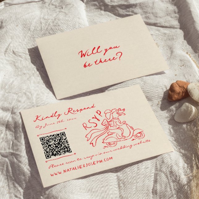 Retro Red Hand Drawn Quirky Cute QR Code Wedding RSVP Card (Creator Uploaded)