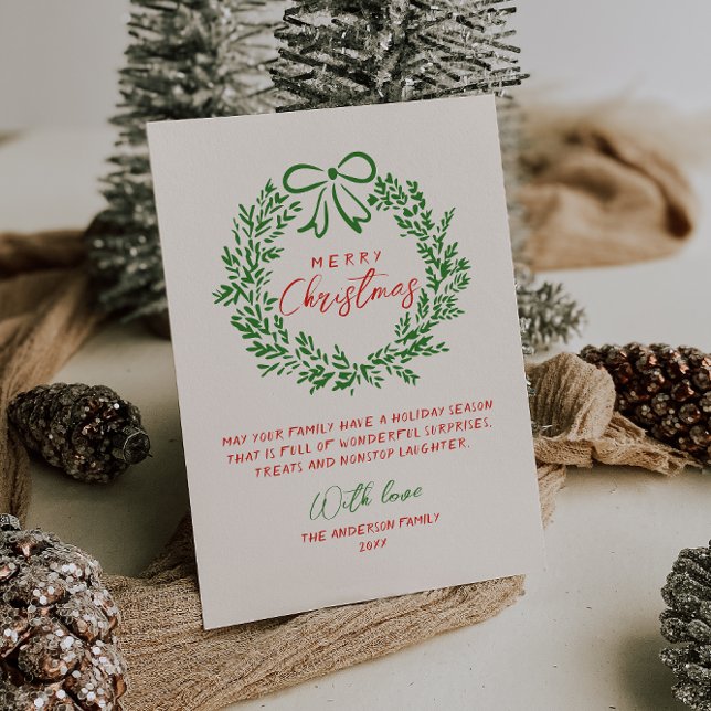 Retro Red Hand Drawn Ribbon Wreath Merry Christmas Holiday Card (Creator Uploaded)