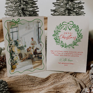 Retro Red Hand Drawn Ribbon Wreath Photo Christmas Holiday Card