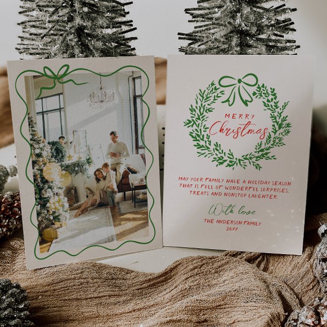 Retro Red Hand Drawn Ribbon Wreath Photo Christmas Holiday Card (Creator Uploaded)