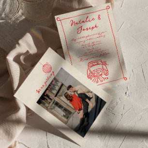 Retro Red Hand Drawn Written Cute Photo Wedding Invitation