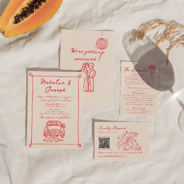 Retro Red Hand Drawn Written Cute Quirky Wedding Invitation (Creator Uploaded)