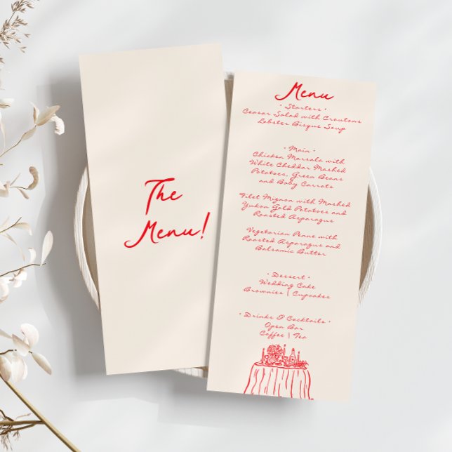Retro Red Hand Written Drawn Quirky  Fun Wedding Menu (Creator Uploaded)