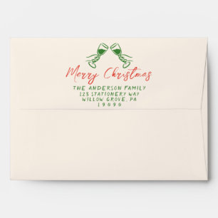 Retro Red Hand Written Wine Glass Merry Christmas Envelope