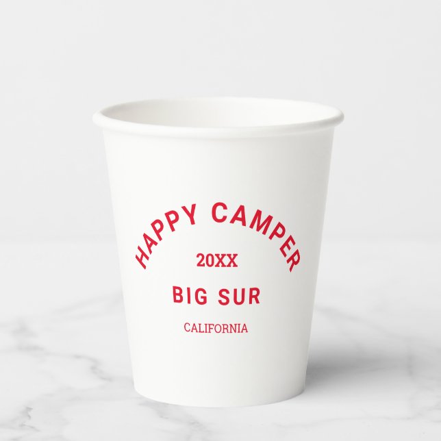 Retro Red Happy Camper Crest Custom Camping Paper Cups (Front)