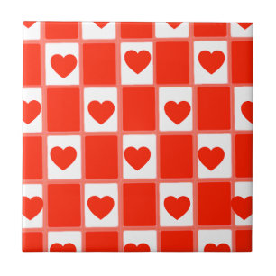 Retro Red Heart Chequerboard Pattern Ceramic Tile