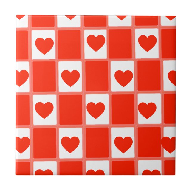 Retro Red Heart Chequerboard Pattern Ceramic Tile (Front)