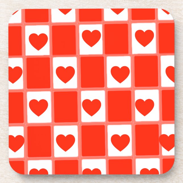 Retro Red Heart Chequerboard Pattern Coaster (Front)