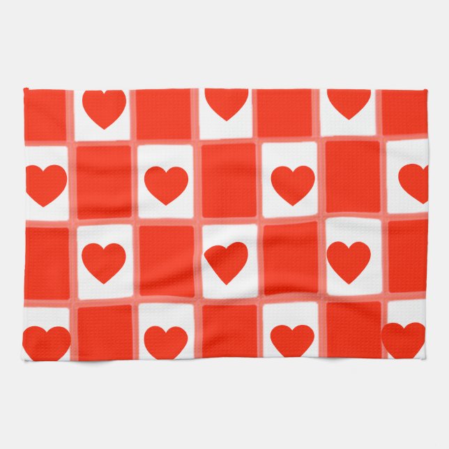 Retro Red Heart Chequerboard Pattern Tea Towel (Horizontal)