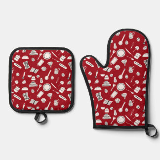 Retro Red Kitchen Oven Mitt & Pot Holder Set