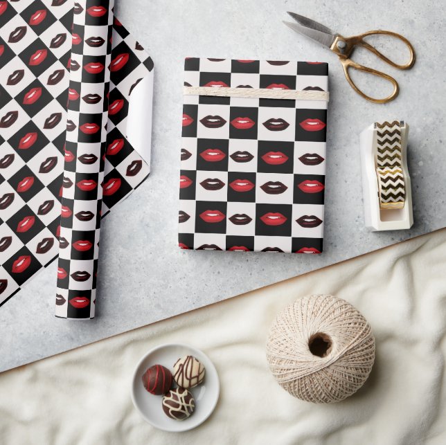 Retro Red Lips Black and White Chequerboard Wrapping Paper (Crafts)