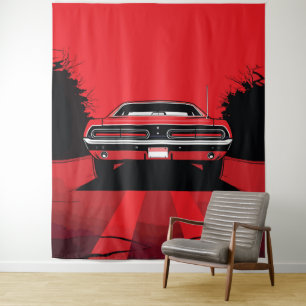 Retro Red Muscle Car Rear Pop Art Illustration Tapestry