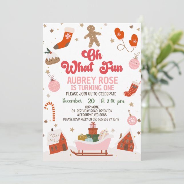 Retro Red Oh What Fun Christmas 1st Birthday Invitation (Standing Front)