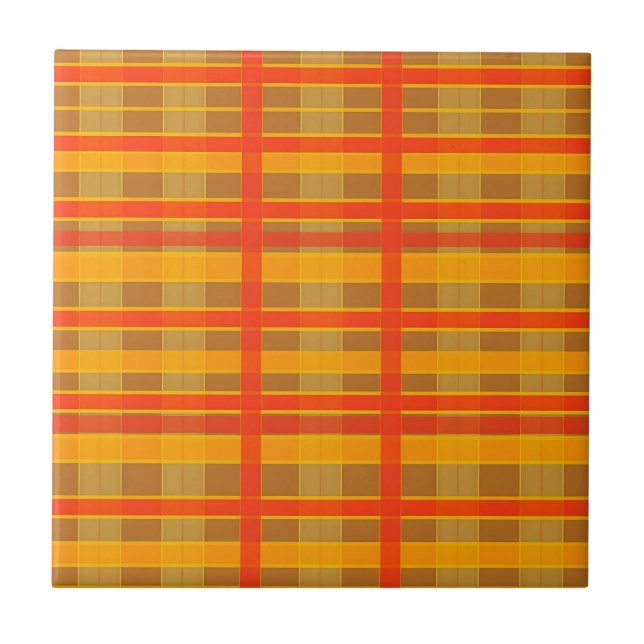 Retro Red Orange Check Plaid Pattern Ceramic Tile (Front)
