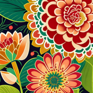 Retro Red, Orange, Green Floral, Boho, Hippie Tapestry