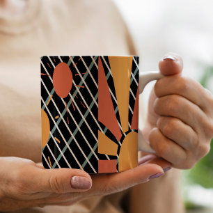 Retro red orange Sunset on blue black & white grid Coffee Mug