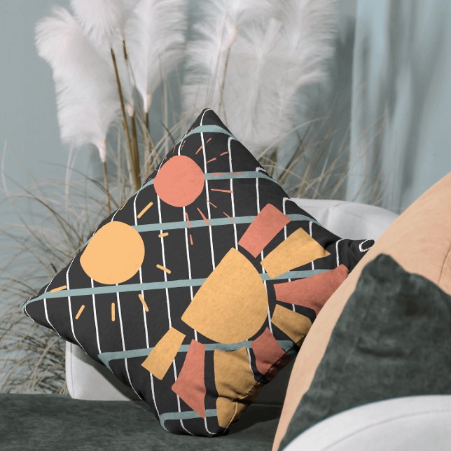 Retro red orange Sunset on blue black & white grid Cushion (Creator Uploaded)