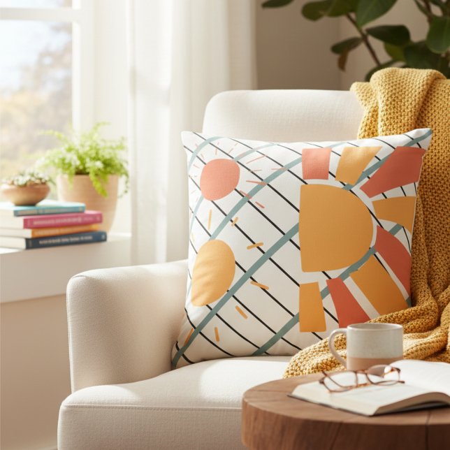 Retro red orange Sunset on blue white & black grid Cushion (Creator Uploaded)