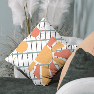 Retro red orange Sunset on blue white & black grid Cushion