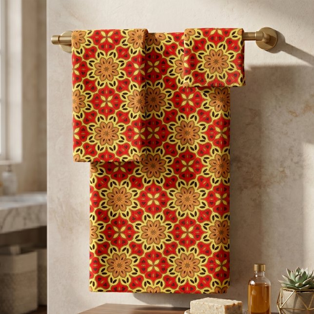 Retro Red Orange Yellow Boho Geometric Mosaic Bath Towel Set (Creator Uploaded)