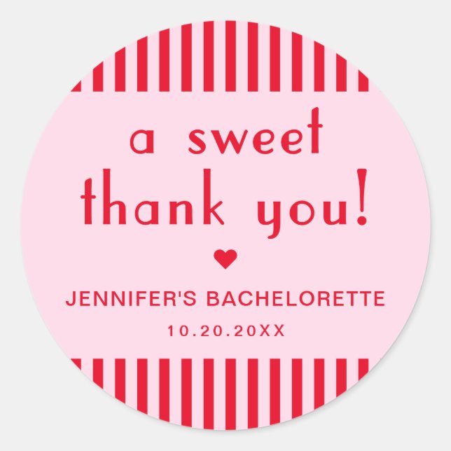 Retro Red & Pink Bachelorette Thank You Favour Classic Round Sticker (Front)