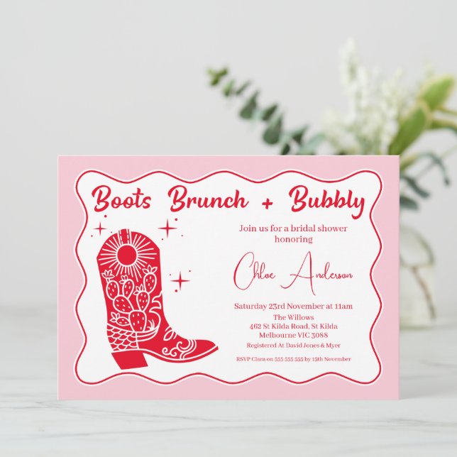 Retro Red Pink Boots Brunch Bubbly Bridal Shower Invitation (Standing Front)