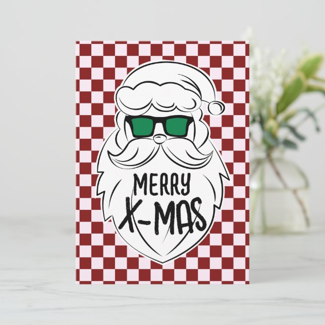 Retro Red Pink Checkered Santa Claus Christmas  Holiday Card (Standing Front)