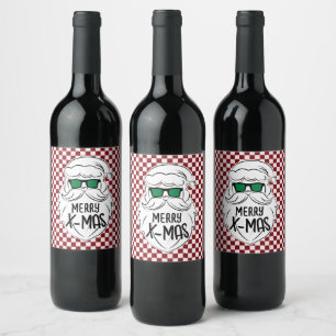 Retro Red Pink Checkered Santa Claus Christmas Wine Label