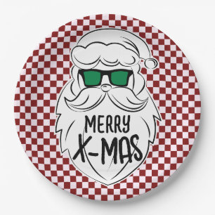 Retro Red Pink Chequered Santa Claus Christmas  Paper Plate