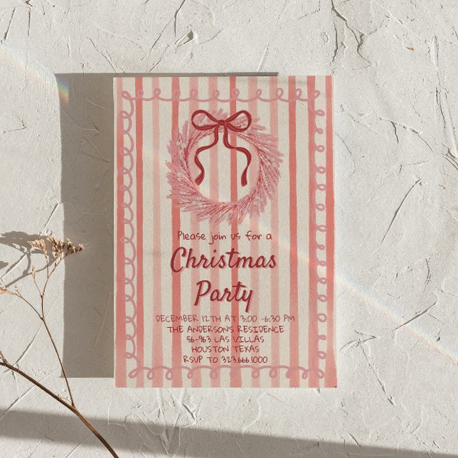 Retro Red Pink Drawn Christmas Bow Wreath Party Invitation (Creator Uploaded)