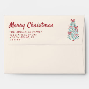 Retro Red Pink Hand Drawn Bow Tree Merry Christmas Envelope