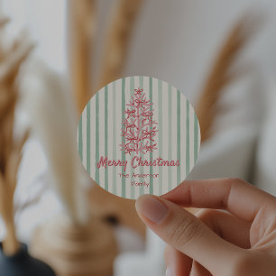 Retro Red Pink Hand Drawn Bows Tree Christmas Classic Round Sticker