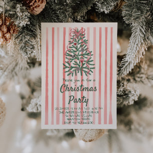 Retro Red Pink Hand Drawn Christmas Bow Tree Party Invitation