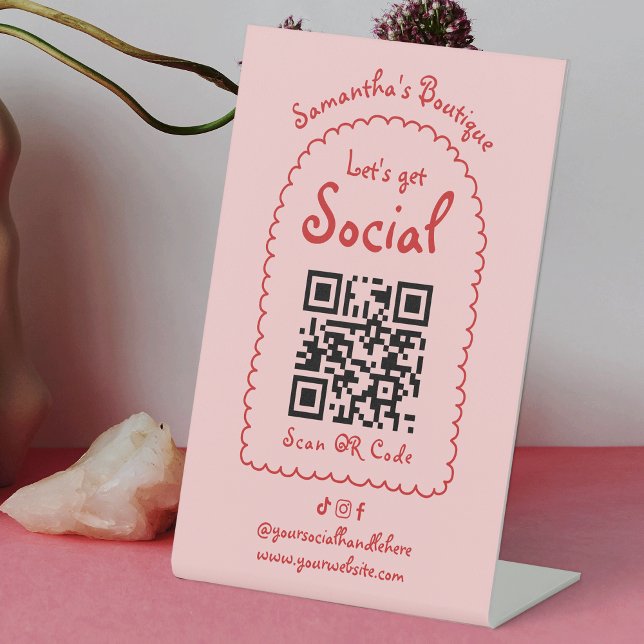 Retro Red Pink Handwritten Girly Social QR Code Pedestal Sign (Creator Uploaded)