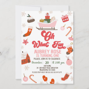 Retro Red Pink Oh What Fun Christmas 1st Birthday Invitation