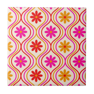 Retro Red Pink Orange Flowers on Ogee Pattern  Ceramic Tile