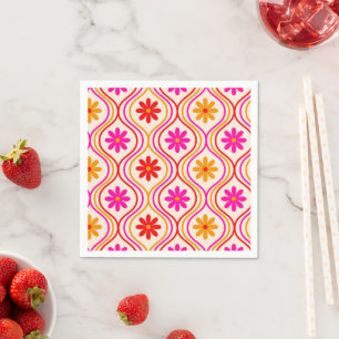 Retro Red Pink Orange Flowers on Ogee Pattern Napkin