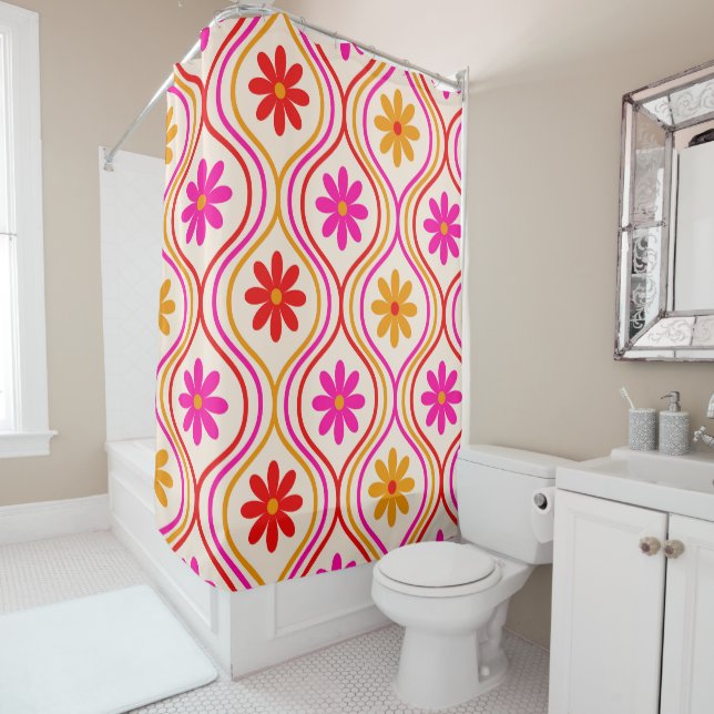 Retro Red Pink Orange Flowers on Ogee Pattern  Shower Curtain (In Situ)