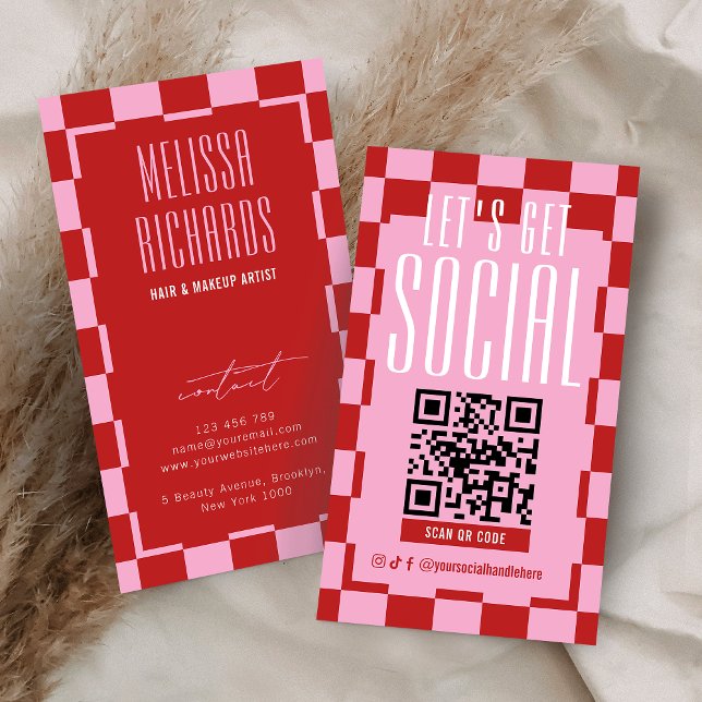Retro Red & Pink Social Media Scannable QR Code Business Card (Creator Uploaded)