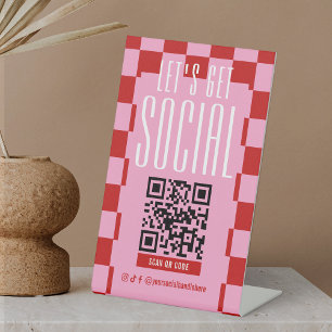 Retro Red & Pink Social Media Scannable QR Code Pedestal Sign